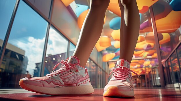 Foto sezione bassa delle gambe femminili in scarpe da ginnastica rosa sullo sfondo di un edificio moderno