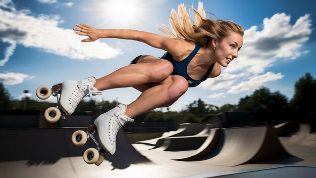 Low section of female wearing white roller skate jumping in air