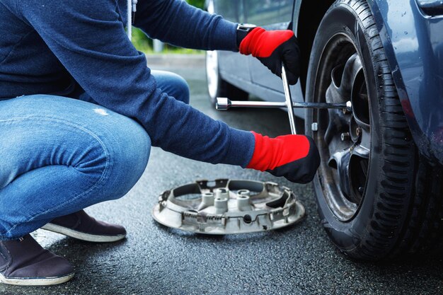 Low section of man repairing car