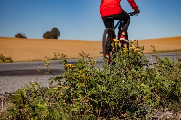 low section of man riding bicycle on road