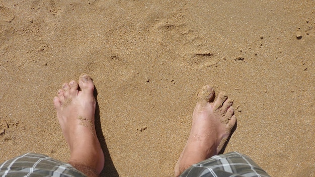 Low section of man standing on beach