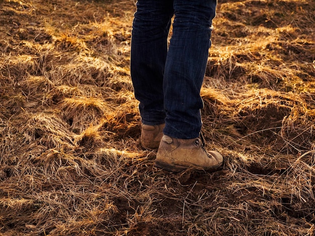 Photo low section of man standing on grassy field