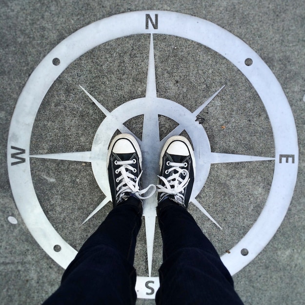 Photo low section of man standing on navigation sign