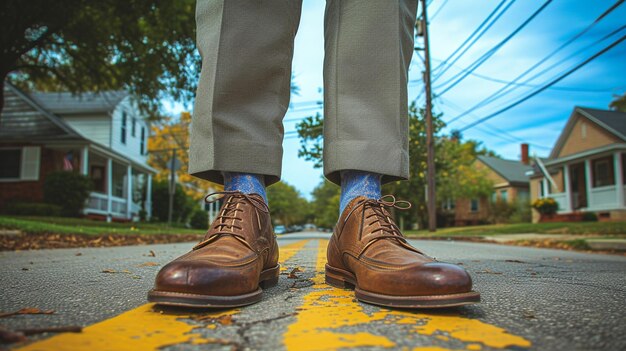 Photo low section of man standing on the road with his feet in his shoes