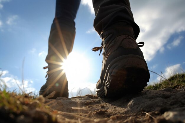 Foto sezione bassa dell'uomo in piedi sulla roccia contro il cielo