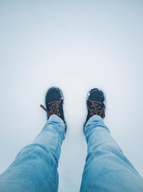 雪に覆われた土地に立っている男性の低層セクション