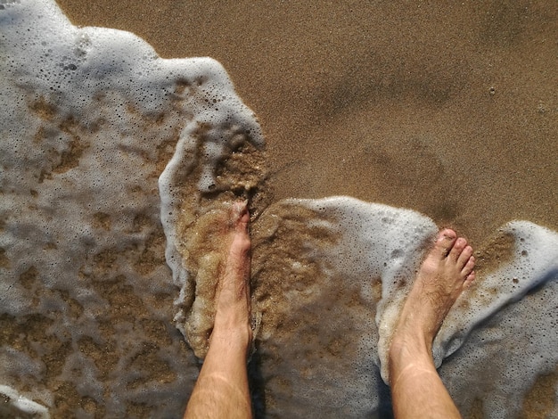 写真 砂浜に立っている男性の下部