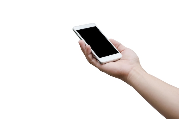 Foto sezione bassa di una persona che tiene uno smartphone sullo sfondo bianco
