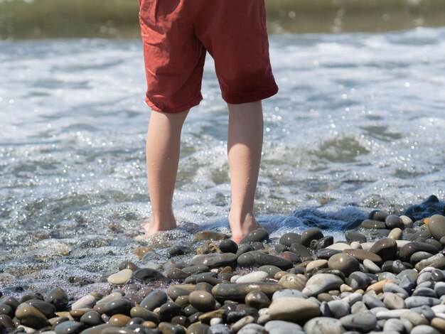 Foto sezione bassa di una persona sulla roccia sulla spiaggia