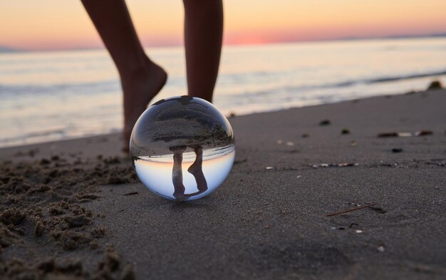 Foto sezione bassa di una persona vista attraverso una palla di cristallo sulla spiaggia