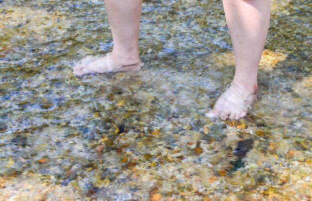 流れの上に立っている人の下部