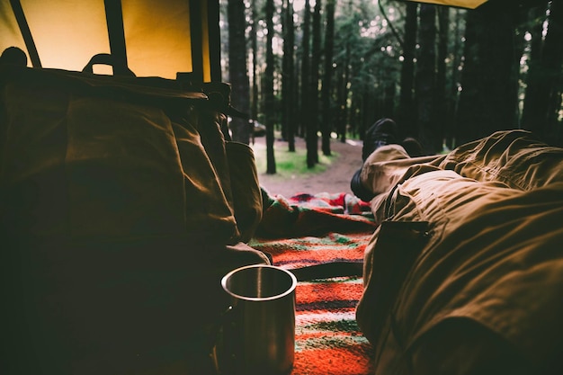 Photo low section of person in tent