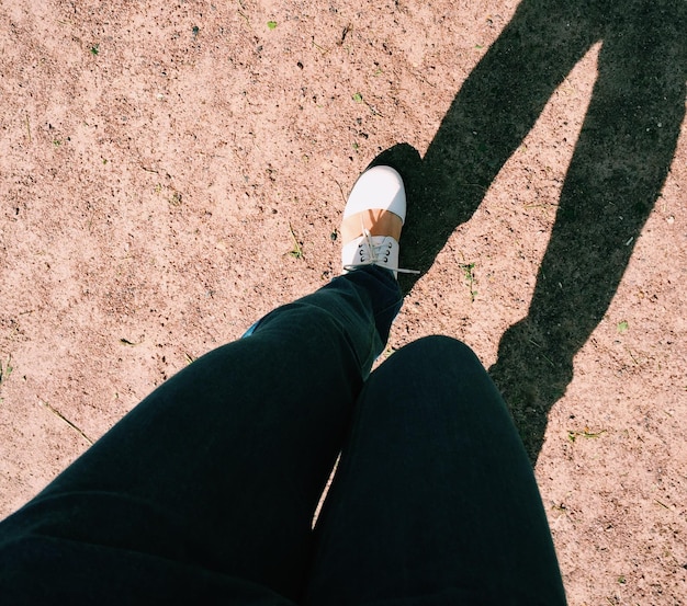 Low section of person walking on road