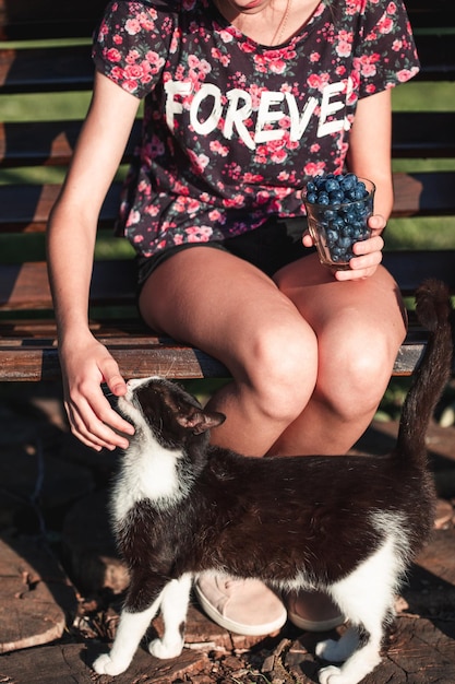 Foto sezione bassa di una ragazzina con i mirtilli che coccolano il gatto mentre è seduta su una panchina