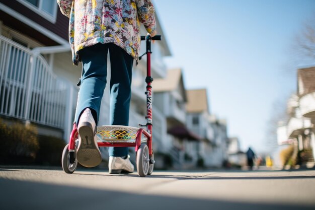 Photo low section view of senior woman using mobility walker for assistance in walking