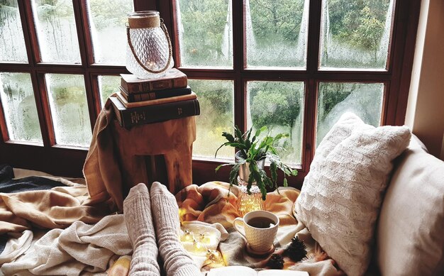 Photo low section of woman by window at home