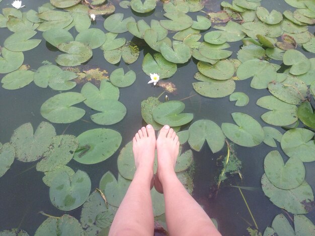 Foto sezione bassa di una donna che si rilassa sul lago