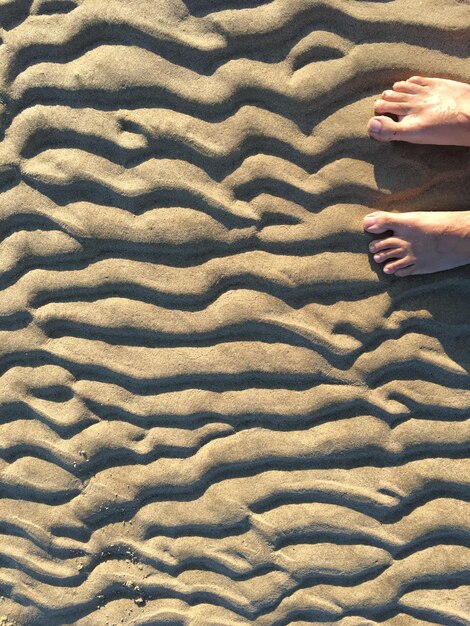 Foto sezione bassa di una donna sulla sabbia sulla spiaggia