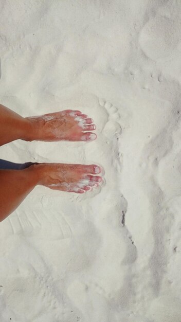 Low section of woman standing on sand at beach