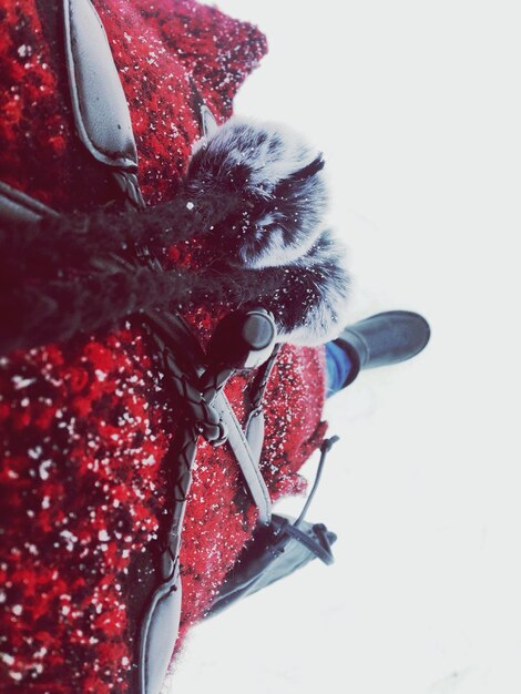 Low section of woman walking on snow covered field