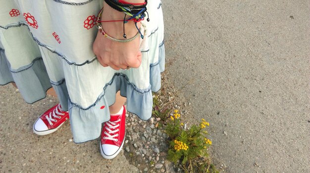 Low section of woman wearing canvas shoe on road