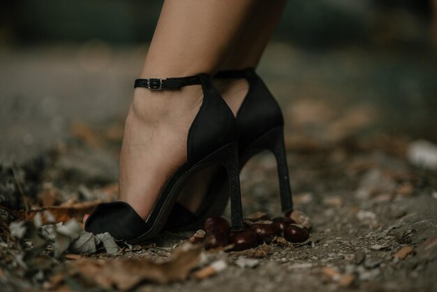 Photo low section of woman wearing high heels in forest