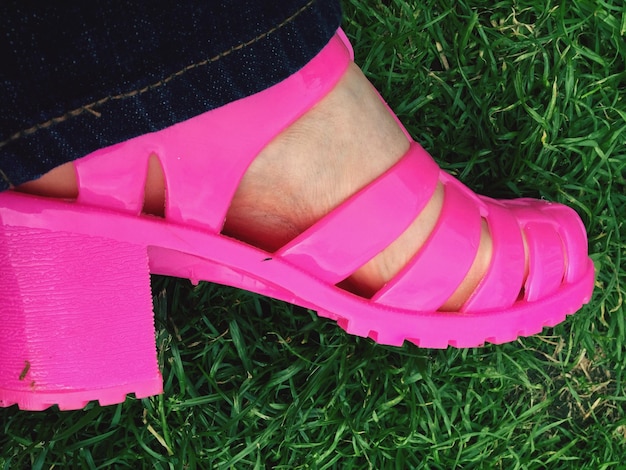 Low section of woman wearing pink high heels on field