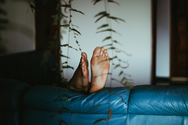 Photo low section of woman with feet up on sofa at home