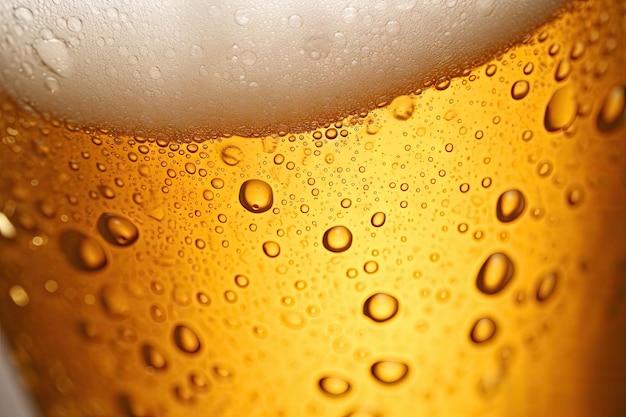 Low side view of lager beer glass with bubbles and froth texture in background