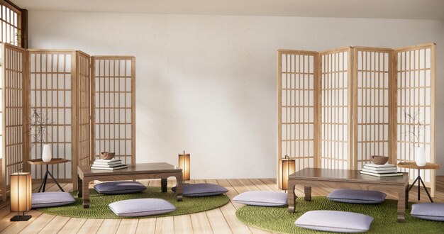 Foto tavolo basso e cuscino in una stanza minima in stile giapponese