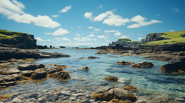 Low tide at Pedn Vounder Beach South Cornwall on a bright june day