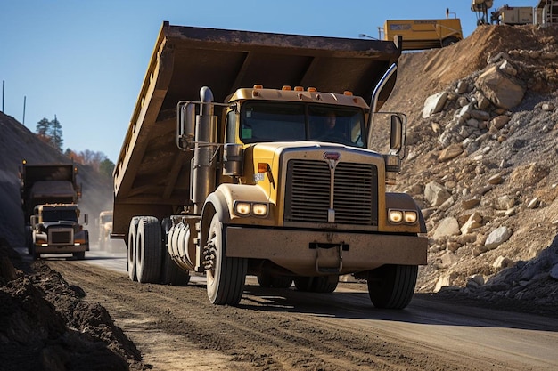 Lowangle opname van een dump truck die onder een bouwbrug rijdt Beste dump truck foto