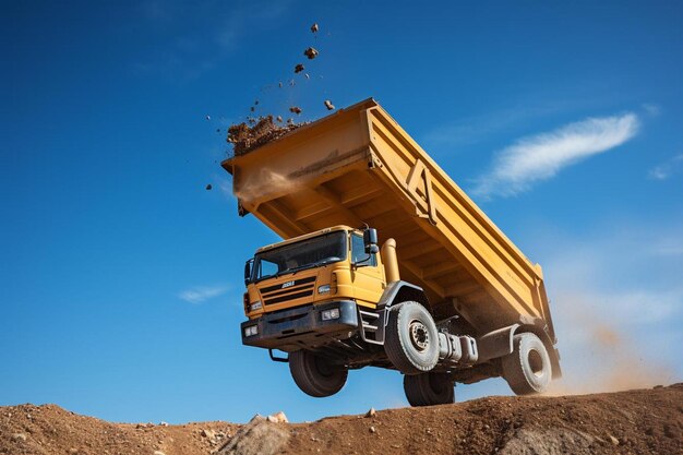 Lowangle opname van een dump truck tegen een heldere blauwe hemel Beste dump truck foto