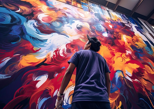 A lowangle shot of an artist working on a large mural capturing the artist's energetic and bold