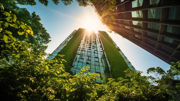 Lowangle shot highlighting the towering green skyscraper and dynamic interplay of sunlight