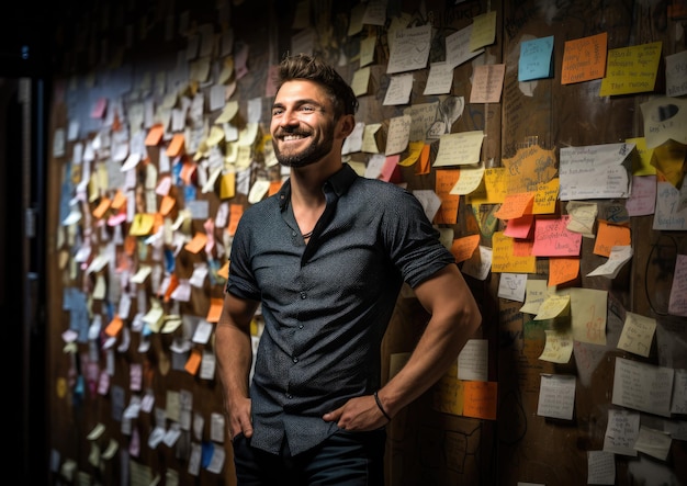 A lowangle shot of an inventor standing in front of a wall covered in sketches and sticky notes