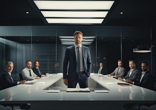 A lowangle shot of a manager standing at the head of a conference table delivering a presentation