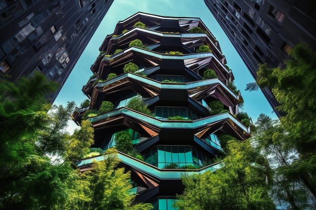 Низкоугольный снимок, движущийся вверх по спирали, подчеркивающий высоту и связи переплетенных зданий.
