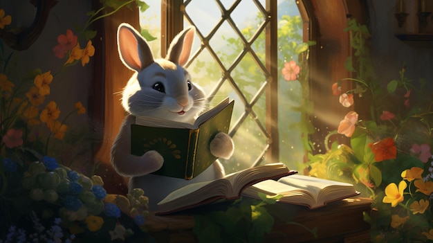Низкоугольный вид толстого кролика, читающего книгу на освещенном солнцем подоконнике, окруженном пышной зелени