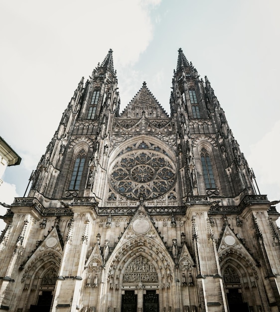 Lowangle view of the gothic facade of St Vitus Cathedral within the Prague Castle complex