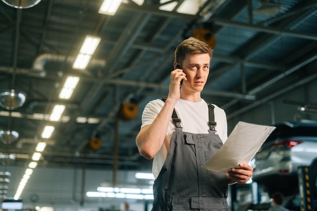 Lowangle view of serious handsome young mechanic male wearing uniform holding clipboard and talking