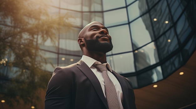 Lowangle view of a successful confident African American man standing optimistically in front