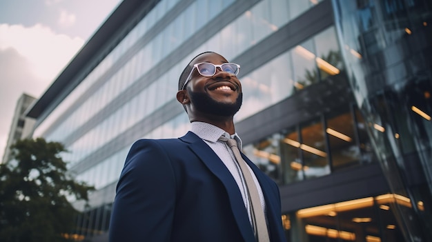 Lowangle view of a successful confident African American man standing optimistically in front