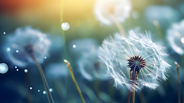 Lower fluff dandelion seeds with dew drop beautiful