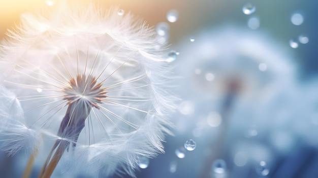 Lower fluff dandelion seeds with dew drop beautiful