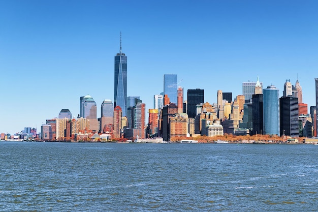 Lower Manhattan in New York, USA from Hudson River.