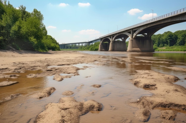 Снижение уровня воды в реке с видом на жаркое лето