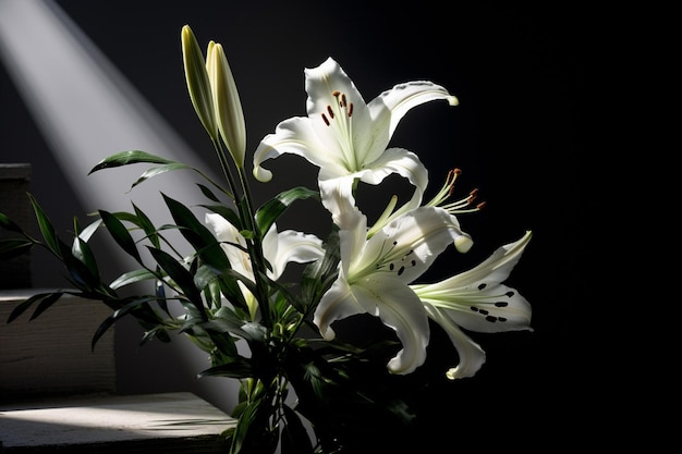 Photo lowkey shot of a lily bouquet with dramatic lighting emphasizing shadows