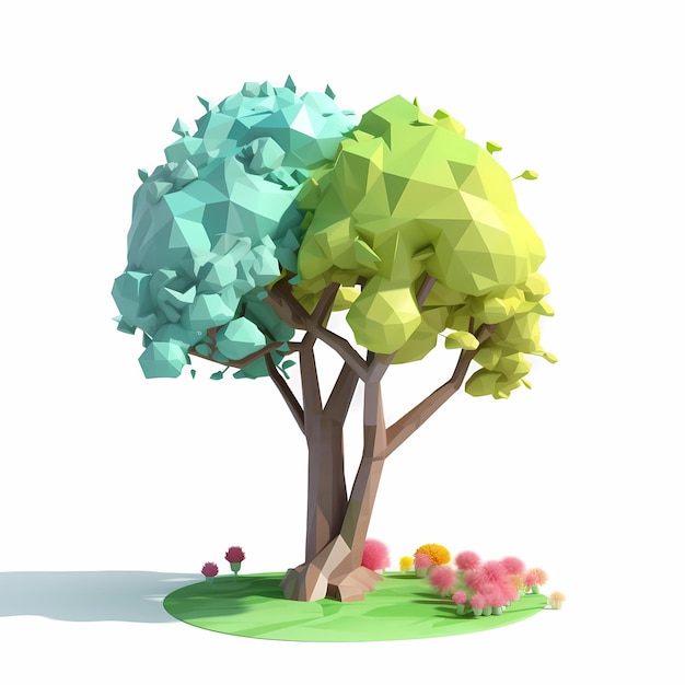 白い背景の上に花を持つ Lowpoly 3 d 春の木