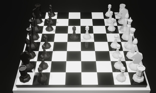 Lowpoly chess scene First move Stylized 3d illustration